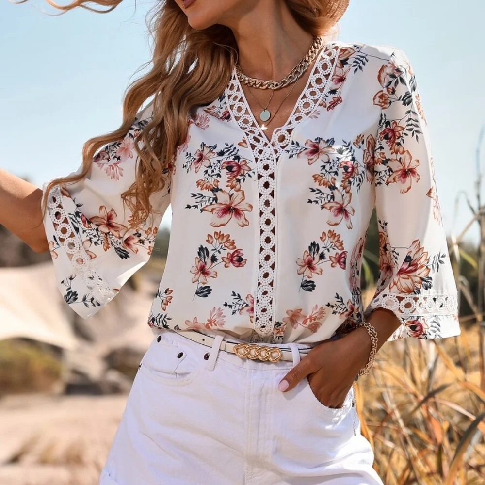 Boho Floral Print Lace V neck Flounce Sleeve Blouse - Picture 4 of 5